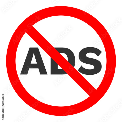 NO ADS sign. Red crossed round button. Vector icon.