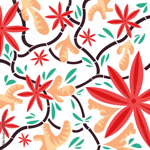 floral artwork: cinnamon flowers, ginger and liquorice representation isolated.. Vector illustration