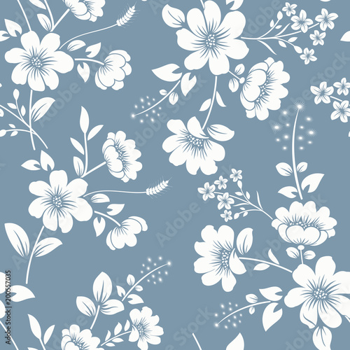 Seamless gray blue and white floral background