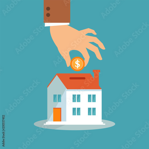 Illustration vector of people saving long-term home investment with coins in a flat and simple style