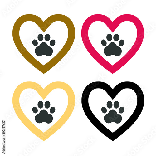 Dog paw sign icon in heart set