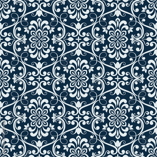 White and dark blue seamless floral wallpaper