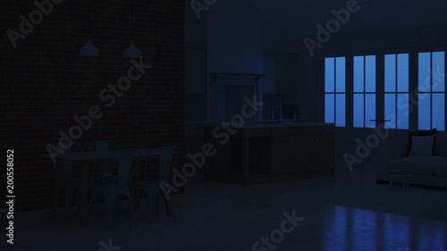 Modern interior of a country house. Night. Evening lighting.3D rendering.