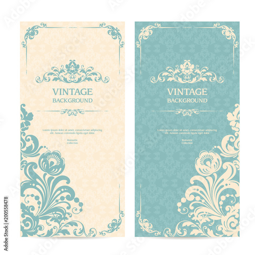 Vintage template set with ornamental frames and patterned background. Elegant lace wedding invitation design, Greeting Card, banners