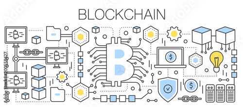 Bitcoin, cryptocurrency and blockchain technology. Bitcoin sign connected to a global network. Flat line vector illustration.