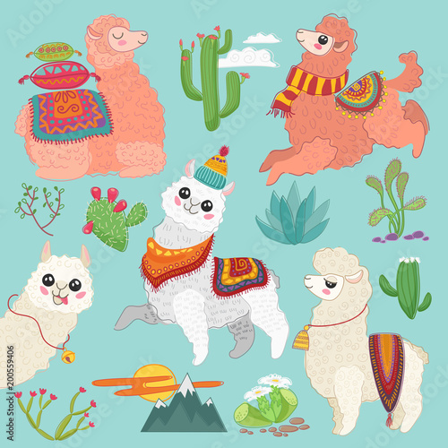 Set of vector cute vector alpaca lama and desert cactus elements.