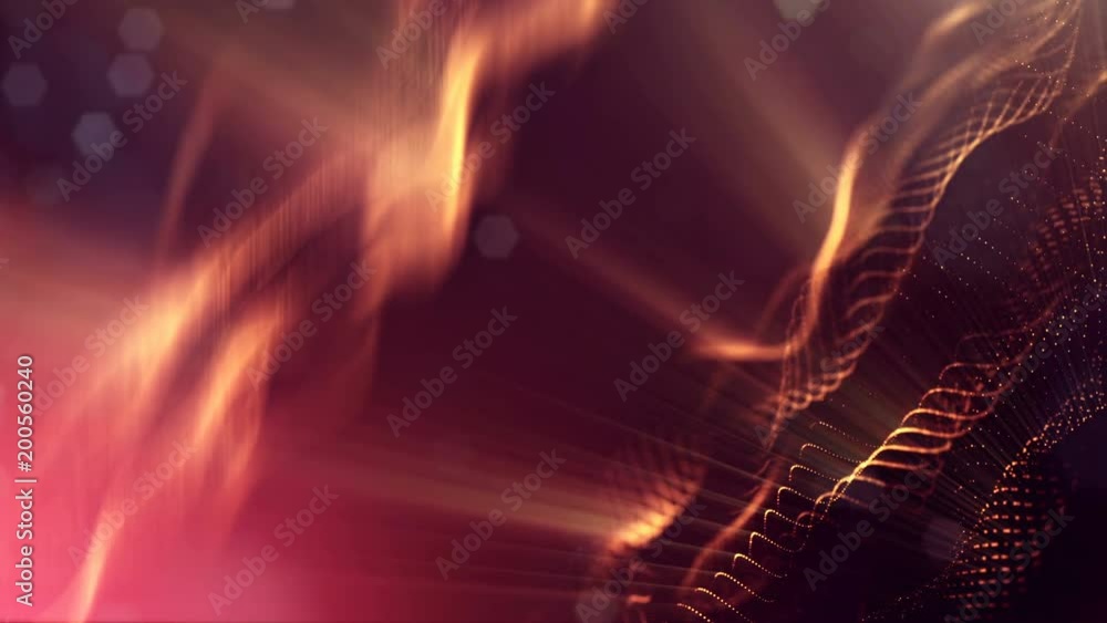3d loop animation as science fiction background of glowing particles with depth of field and bokeh for vj loop. Particles form line and surface grid. V28 red gold with light rays 3d loop animation as science fiction background of glowing particles with depth of field and bokeh for vj loop. Particles form line and surface grid. V28 red gold with light rays