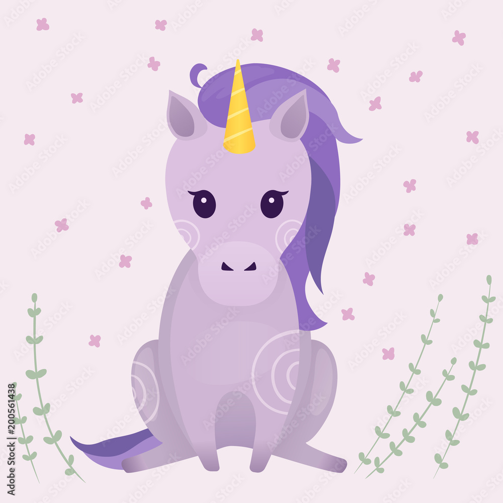 Vector illustrations with cute sitting violet unicorn on light background. Prints, templates, design elements for greeting cards, invitation cards, postcards.. Vector illustrations with cute sitting violet unicorn on light background. Prints, templates, design elements for greeting cards, invitation cards, postcards..