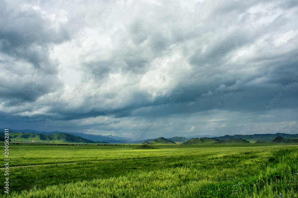 Green field under a stormy sky. Rain and sunny spots against the backdrop of the mountains. Mountain Altai in the summer.