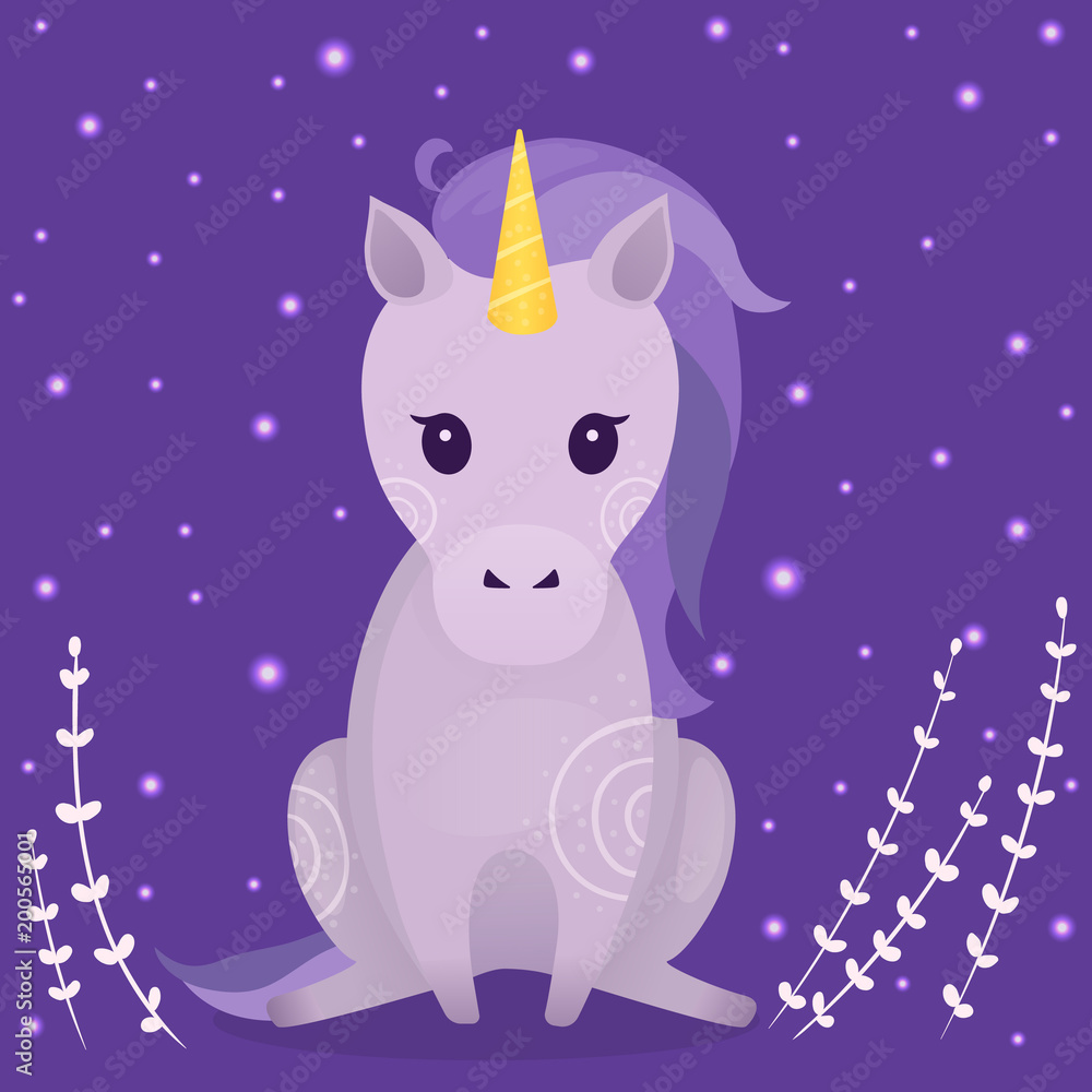 Vector illustrations with cute sitting violet unicorn, plants and stars on dark background. Prints, templates, design elements for greeting cards, invitation cards, postcards.