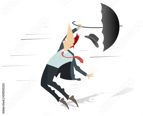 Windy day and man with a hat and umbrella isolated. Strong wind and a man lost his hat and trying to keep an umbrella isolated on white illustration
