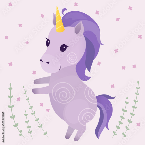 Vector illustration with cute violet unicorn on light background. Prints, templates, design elements for greeting cards, invitation cards, postcards.