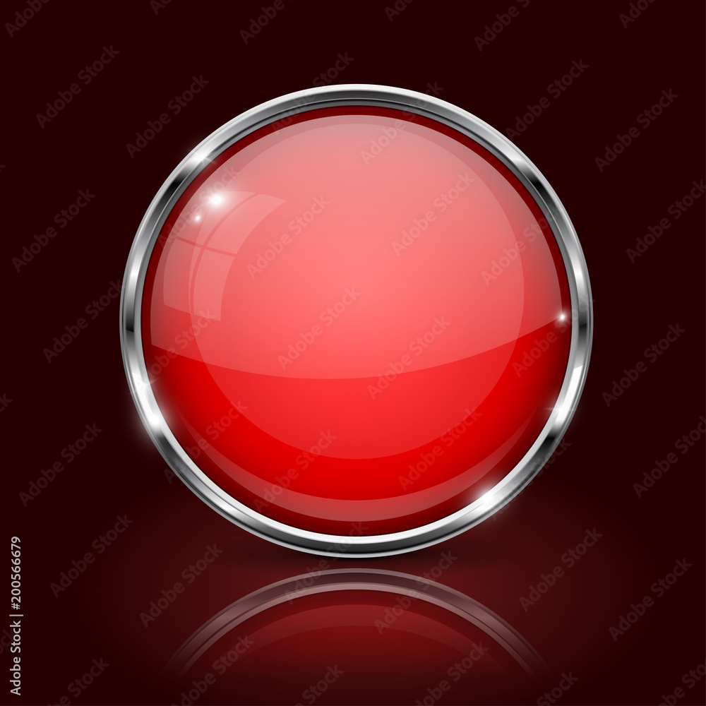 Red round glass button. 3d icon with metal frame on dark red background Red round glass button. 3d icon with metal frame on dark red background