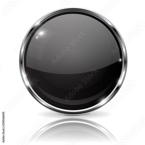 Free Download Glass black button. Round 3d button with metal frame. With reflection on white background - GFXLoad