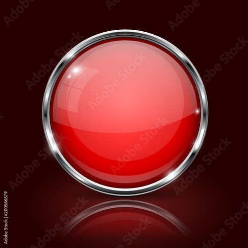 Free Download Red round glass button. 3d icon with metal frame on dark red background - GFXLoad