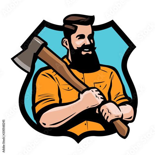 Sawmill, joinery, carpentry logo or label. Lumberjack holding axe his hands. Cartoon vector illustration