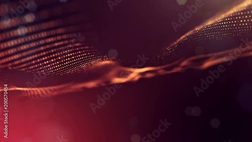 3d loop animation as science fiction background of glowing particles with depth of field and bokeh for vj loop. Particles form line and surface grid. V42 red gold photo