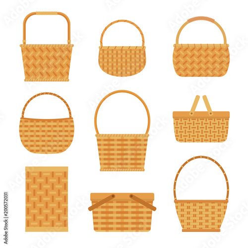 Collection of empty baskets, isolated on white background. Flat style vector illustration. 
