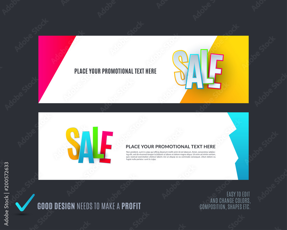 Abstract vector set of modern horizontal website sale banners with colourful words, abstract shapes for promo, shopping, offer, advertisement. Abstract vector set of modern horizontal website sale banners with colourful words, abstract shapes for promo, shopping, offer, advertisement.