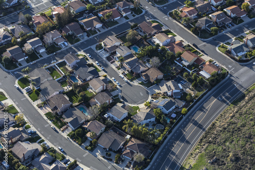 Aerial view of suburban culdesac street homes near Los Angeles, California.