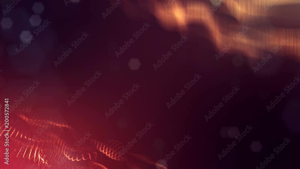 3d loop animation as science fiction background of glowing particles with depth of field and bokeh for vj loop. Particles form line and surface grid. V47 red gold
