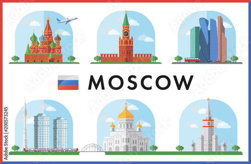 Moscow, Russia. Red Square, Churches, Modern buildings and city sights. Vector illustration. Icon set