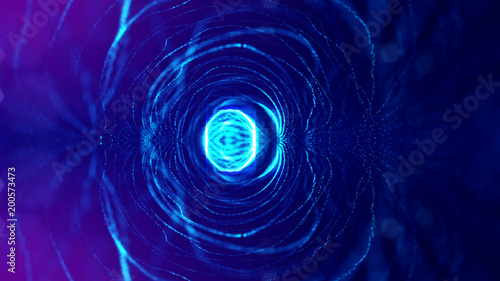 science fiction background of glowing particles with depth of field and bokeh. Particles form line and abstract surface grid. 3d rendering V9 blue spheres
