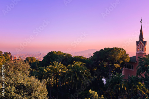 Beautiful high angle view of the Barcelona from Park Guell during sunset
