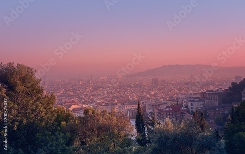 Beautiful high angle view of the Barcelona from Park Guell during sunset with pink sky