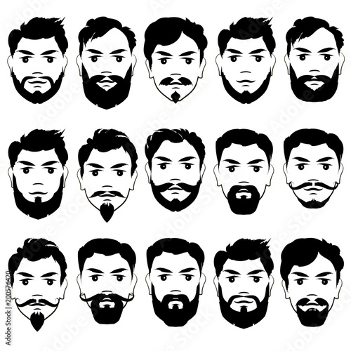 Set of images of men's faces with different hairstyles, beards and mustaches. Black silhouette. Vector illustration.