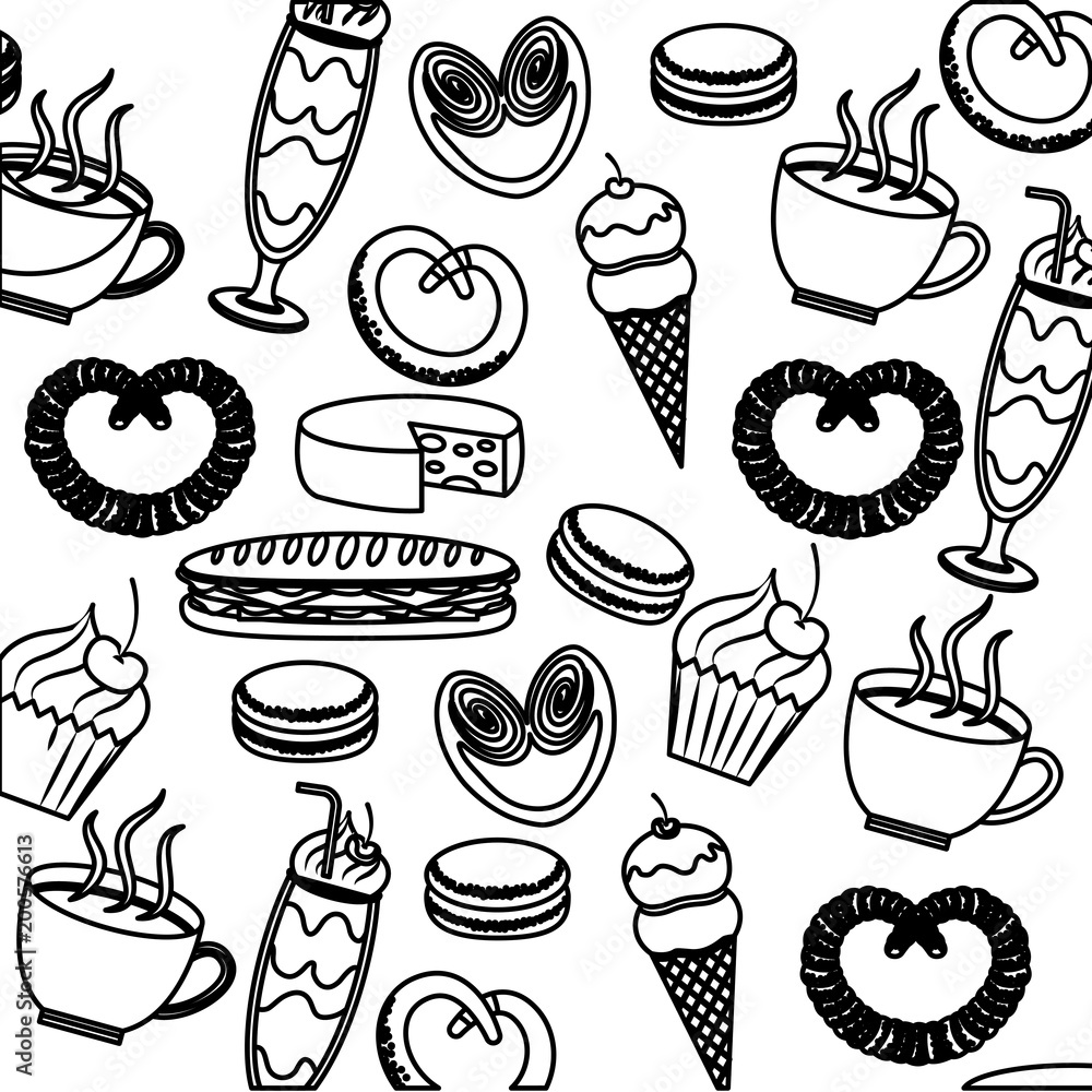 tasty sweet ice cream cake pretzel cheese coffee pattern image vector illustration outline tasty sweet ice cream cake pretzel cheese coffee pattern image vector illustration outline