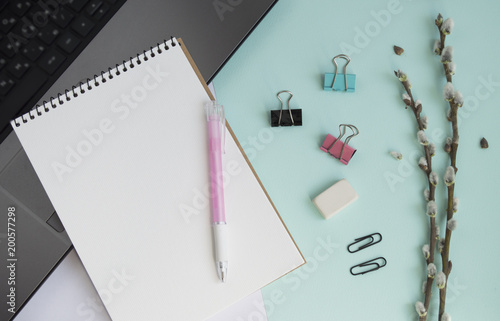 Concept for girl's desktop. On the desk is laptop, notepad for notes, phone, pen, pencil, paper clips, eraser, office supplies, spring tree twigs. The background is turquoise with white. Flat lay.