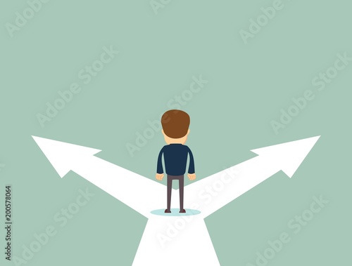 Business decision concept vector illustration. Businessman standing on the crossroads with two arrows and directions. Stock flat vector illustration.