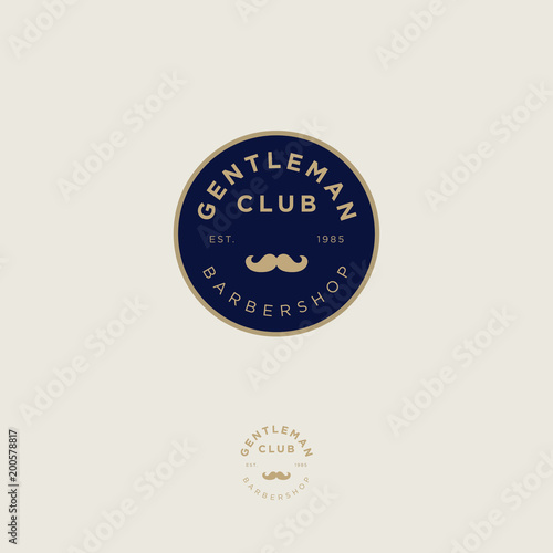 Gentleman club. Barbershop logo. Golden letters and mustaches in a dark blue circle. Male salon logo. Premium icon or sign.