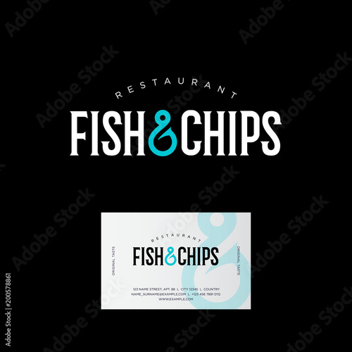 Fish restaurant logo. Seafood kitchen. Fish and chips logo. Letters and a fish hook. Business card.
