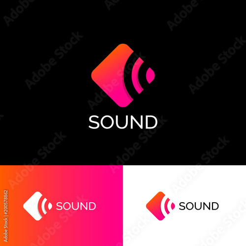 The sound of the logo. Musical acoustics logo. Orange-pink emblem. Identity.