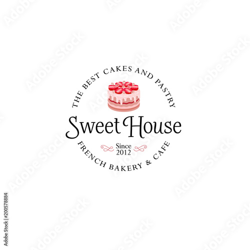 Sweet house logo. Cakes emblem. Bakery and cafe logo. A beautiful cake with strawberry sign.
