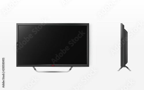 Vector lcd screen, mock up of plasma television, modern video system. HD tv digital technology. Black display in 3d realistic style isolated on white background