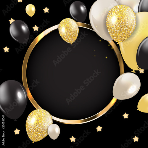 Abstract Card with Golden Frame and Balloons Vector Illustration