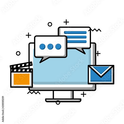monitor computer tech with social media icons vector illustration design