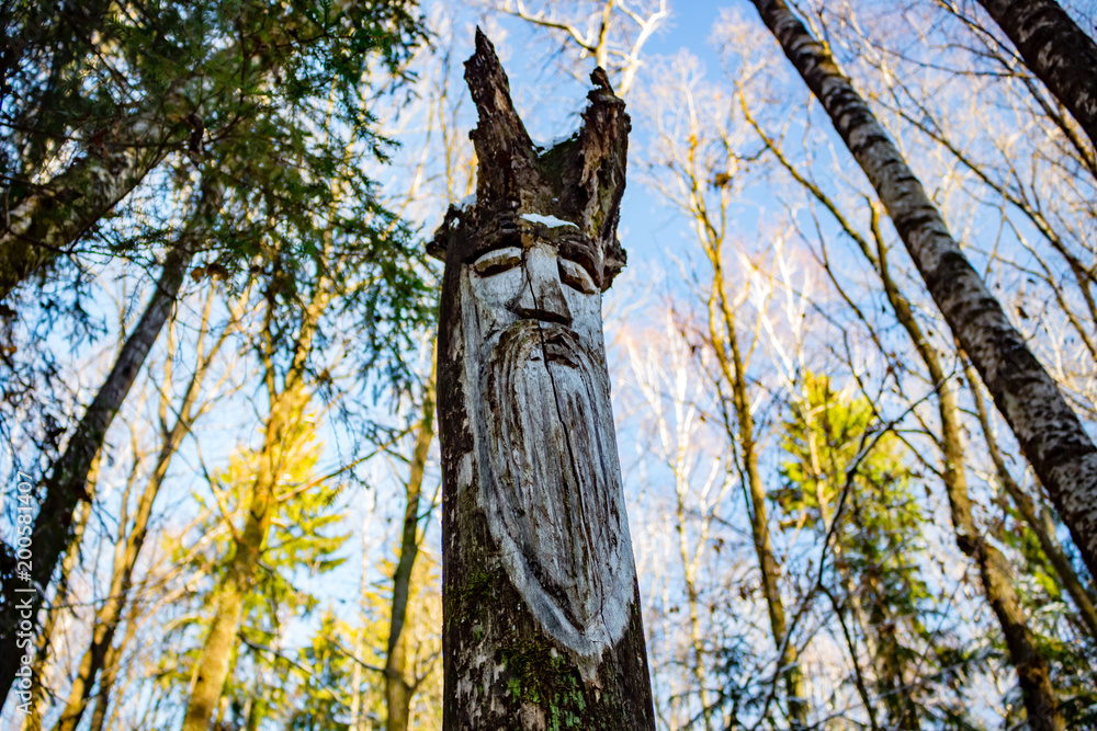 Slavic pagan idols on the forest temple. Veles - obrazy, fototapety, plakaty 