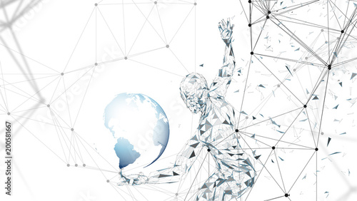 Conceptual abstract man with world globe. Connected lines, dots, triangles, particles. Artificial intelligence concept. High technology vector, digital background. 3D render vector illustration.
