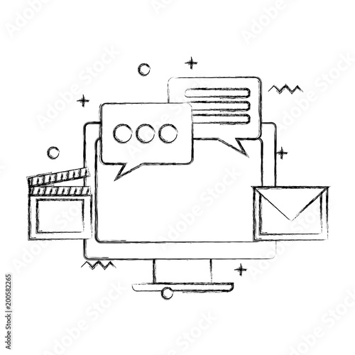 monitor computer tech with social media icons vector illustration design