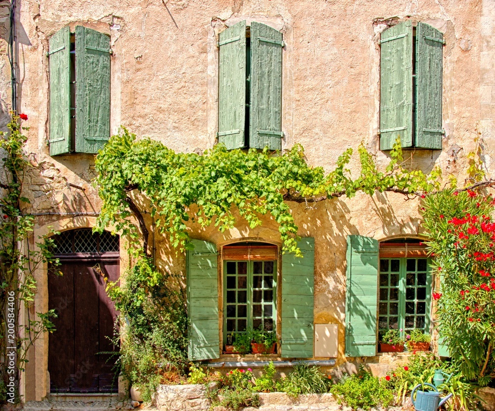 Rustic house front with green wooden shuttered windows and leafy facade, Provence, France Rustic house front with green wooden shuttered windows and leafy facade, Provence, France