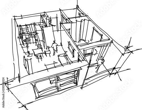 hand drawn sketch of Perspective cut away diagram of a one bedroom apartment completely furnished 