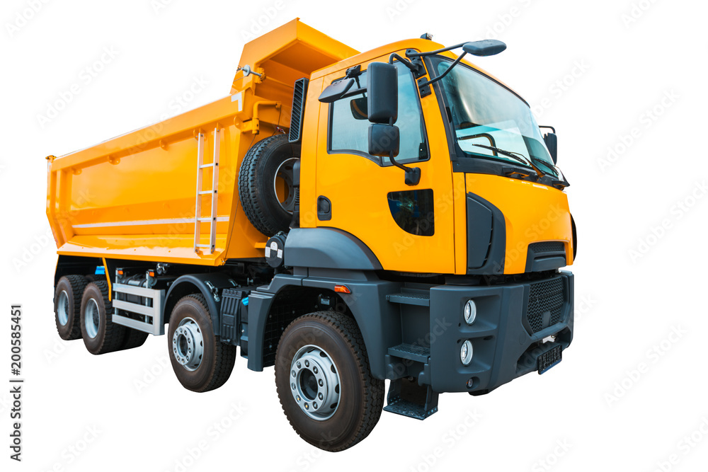 Yellow dump truck isolated on white background with clipping path
