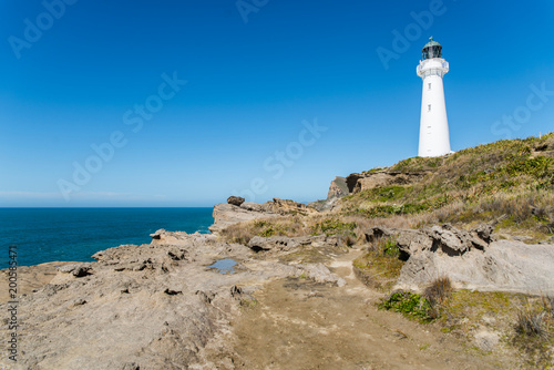 A lighthouse next to the ocean at Castle Point in New Zealand. 