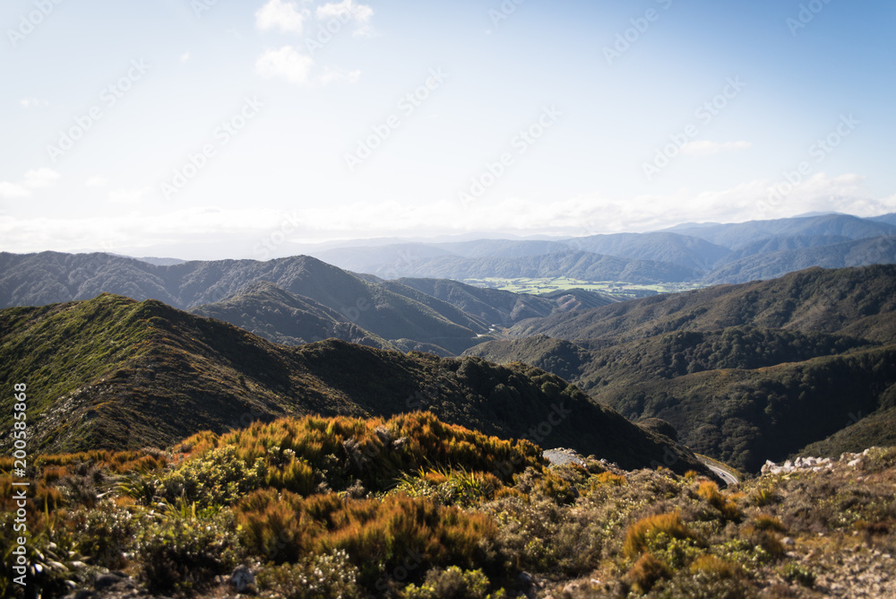 Landscape view overlooking mountains in New Zealand. 