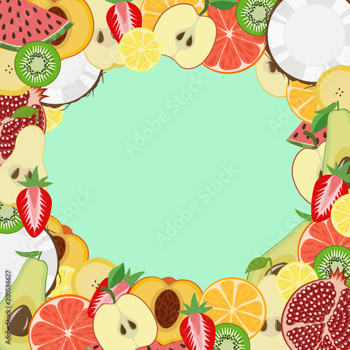 Background of summer fruits  with an empty space in the center for inscription or advertising.