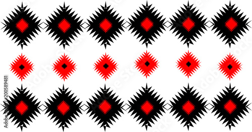 vector de forma horizontal con rombos en colores negros y rojos de distintos tamaños y formas